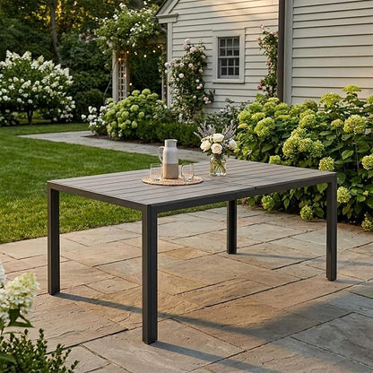Kozyard Outdoor Patio Dining Table for 6, Rectangular 35.6" x 58.9" Metal Table with Wood-Look Tabletop, Weather-Resistant Frame for Backyard, Porch, Deck, Garden, Brown