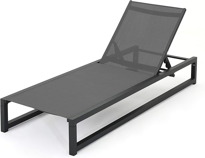 Christopher Knight Home Modesta Outdoor Aluminum Framed Chaise Lounges with Mesh Body, 2-Pcs Set, Black Finish / Grey Mesh