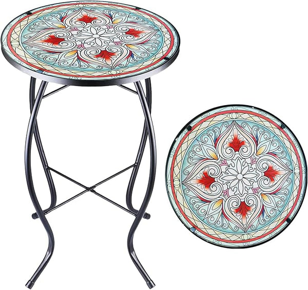 14 Inch Small Outdoor Side Table with Red Flower, Glass Mosaic Patio Table Indoor - Photo 1