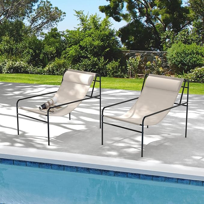 Tangkula Patio Sling Lounge Chair, Modern Sling Accent Chair w/Removable Headrest Pillow, Heavy-Duty Metal Frame, Breathable Seat Fabric, Leisure Chair for Indoor Outdoor, 350 lbs Max Load (2)