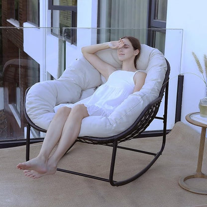 Oversized Rocking Chair Outdoor, Rocking Papasan Chair, Patio Egg Chair with Padded Cushion, Outdoor Wicker Rocking Chair for Front Porch, Garden, Patio(Beige)
