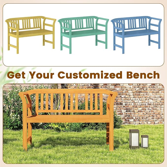 Tangkula Acacia Wood Outdoor Bench with Slatted Backrest, 2-Person Patio Wood Bench with Curved Armrests, Slatted Seat, Garden Bench Loveseat for Park, Yard, Lawn, Patio, 800 LBS Max Load