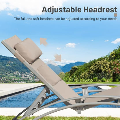 Outdoor Chaise Lounge Set of 3, Aluminum Patio Outdoor Lounge Chair for Beach Pool Sunbathing, Adjustable Lawn Lounger Recliner Chair Outside Tanning Chairs with Armrest, with Side Table, Khaki