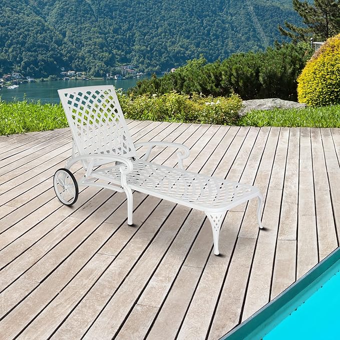 Cast Aluminum Outdoor Chaise Lounge Chair with Wheels, Patio Chaise Lounge with 3-Position Adjustable Backrest - Photo 1