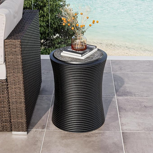 COSIEST Outdoor Side Table Black, Round MgO Concrete Side Table, Lightweight Outdoor Accent Table with Faux Natural Slate Rock, Cylinder Patio Table Top Plant Stand for Garden and Deck