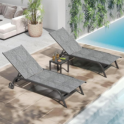 UDPATIO Aluminum Lounge Chair Set of 3 Outdoor Chaise Lounger Poolside Lounge Chairs 5 Adjustable Position Backrest Pool Lounger with Wheels Side Table for Patio Pool Patio (Grey)