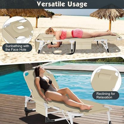 MOPHOTO Oversized Beach Lounge Chair, 5-Position Adjustable Tanning Chair with Face Hole, Heavy Duty Folding Chaise Lounge for Beach, Pool, Patio & Sunbathing
