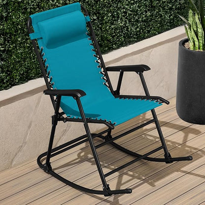 Best Choice Products Outdoor Folding Rocking Chair, Zero Gravity Lounge Chair, Patio Rocker w/Headrest Pillow - Peacock Blue