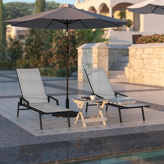 Flash Furniture Brazos Adjustable Chaise Lounge Chair with Arms, All-Weather Outdoor Five-Position Recliner, Black/Gray
