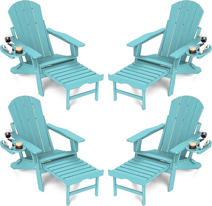 FOOWIN Adirondack Chair with Retractable Ottoman,HDPE Folding Adjustable Adirondack Chair w/4 in 1 Cup Holder Trays,All-Weather Resistant Fire Pit Chair Set of 4 Lake Blue