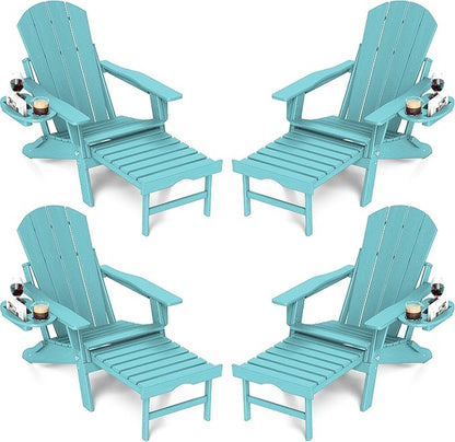 FOOWIN Adirondack Chair with Retractable Ottoman,HDPE Folding Adjustable Adirondack Chair w/4 in 1 Cup Holder Trays,All-Weather Resistant Fire Pit Chair Set of 4 Lake Blue