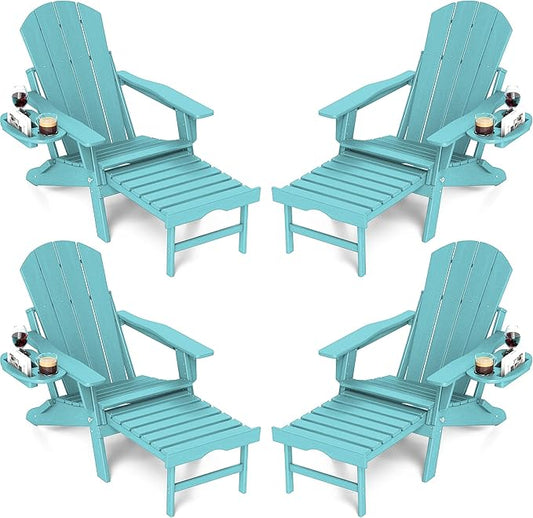 FOOWIN Adirondack Chair with Retractable Ottoman,HDPE Folding Adjustable Adirondack Chair w/4 in 1 Cup Holder Trays,All-Weather Resistant Fire Pit Chair Set of 4 Lake Blue