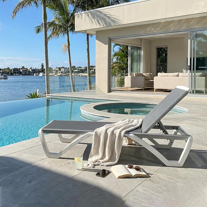PURPLE LEAF Patio Chaise Lounge Chair Outside Aluminum Plastic Stackable Tanning Chairs for Pool Sunbathing Beach Deck Outdoor Lounger, Light Grey