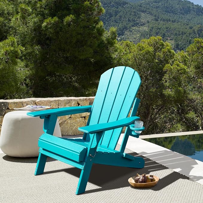 Lepdep Folding Adirondack Chair Modern Adjustable Plastic Outdoor Fire Pit Chair Weather Resistant 3-Positons Patio Chair with Cup Holder for Outdoor Porch Garden Backyard Deck and Pool, Blue…