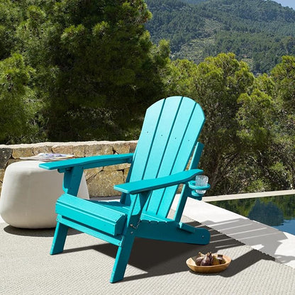 Lepdep Folding Adirondack Chair Modern Adjustable Plastic Outdoor Fire Pit Chair Weather Resistant 3-Positons Patio Chair with Cup Holder for Outdoor Porch Garden Backyard Deck and Pool, Blue…