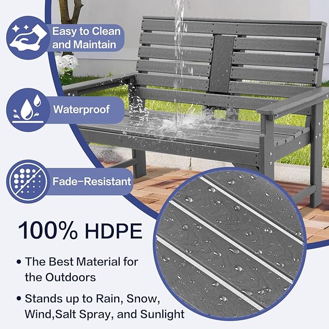 Outdoor Bench Weatherproof - HDPE 2-Person Garden Bench with Cup Holders, Bench Furniture with Backrest and Armrests, 700 lbs Capacity, Patio Park Bench for Front Porch Backyard Park (Grey)