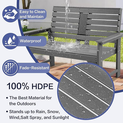 Outdoor Bench Weatherproof - HDPE 2-Person Garden Bench with Cup Holders, Bench Furniture with Backrest and Armrests, 700 lbs Capacity, Patio Park Bench for Front Porch Backyard Park (Grey)