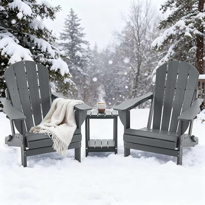 Folding Outdoor Adirondack Chairs Set of 2 with HDPE Side Tables-Plastic Weather Resistant Patio Chairs with Small Outdoor Side Tables 2 Storage for Patio,Fire Pit, Garden and Backyard