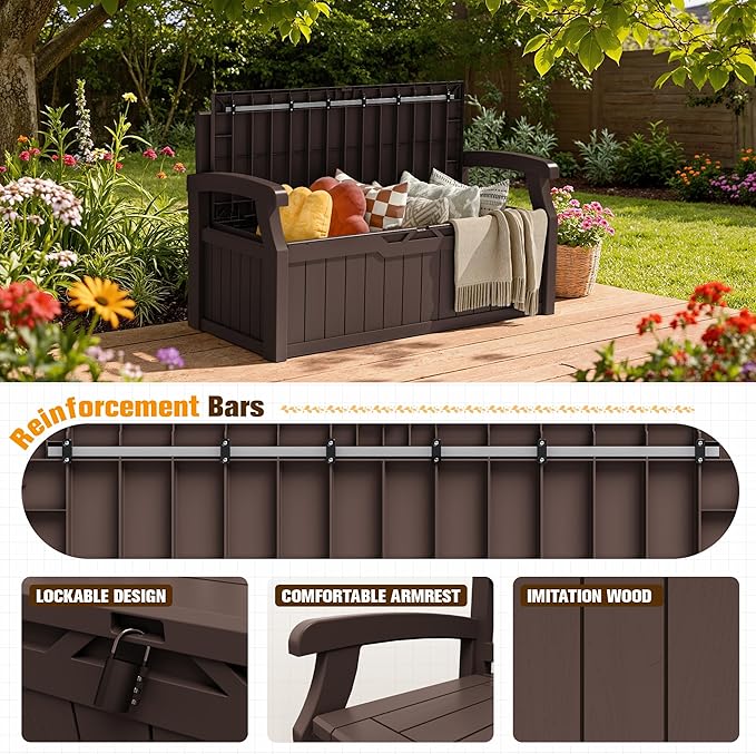 JUMMICO 80 Gallon Resin Outdoor Storage Bench with Cushion, Large Deck Box with Armrest, Lockable&Waterproof for Garden, Home, Patio, Pools (Brown, 80 Gallon)