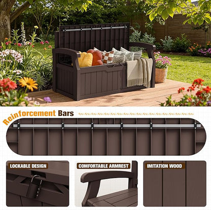 JUMMICO 80 Gallon Resin Outdoor Storage Bench with Cushion, Large Deck Box with Armrest, Lockable&Waterproof for Garden, Home, Patio, Pools (Brown, 80 Gallon)