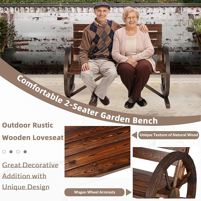 Wooden Wagon Wheel Bench, 2-Person Solid Wood Garden Bench, Rustic Wooden Seat Wagon Wheel Bench Patio Loveseat W/Slatted Backrest, Outdoor Garden Bench for Lawn Yard Porch Park
