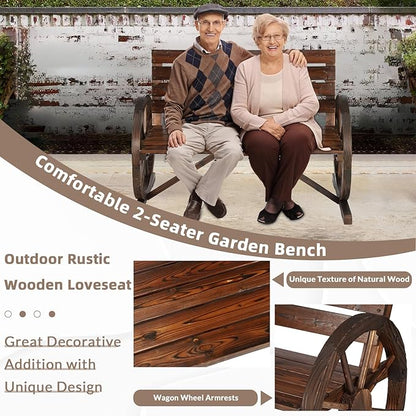 Wooden Wagon Wheel Bench, 2-Person Solid Wood Garden Bench, Rustic Wooden Seat Wagon Wheel Bench Patio Loveseat W/Slatted Backrest, Outdoor Garden Bench for Lawn Yard Porch Park
