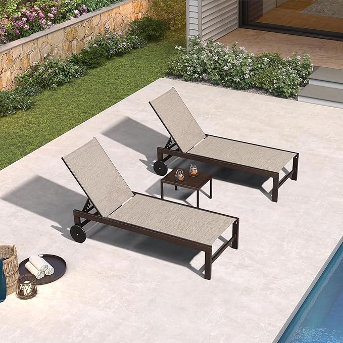 PURPLE LEAF Outdoor Chaise Lounge Chair Set of 2, Pool Lounge Chairs for Outside, Aluminum Patio Chaise Loungers with Adjustable Backrest and Wheels for Deck, Lawn, Garden, Beige