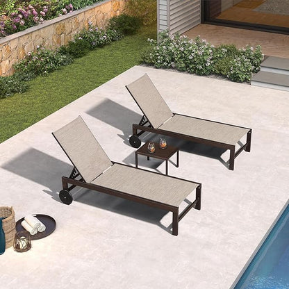 PURPLE LEAF Outdoor Chaise Lounge Chair Set of 2, Pool Lounge Chairs for Outside, Aluminum Patio Chaise Loungers with Adjustable Backrest and Wheels for Deck, Lawn, Garden, Beige