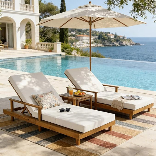 Merax Acacia Wood Outdoor Chaise Lounge Chair Set of 2, 3-Position Adjustable Back & 4" Thick Removable Cream Cushion, 400lbs Capacity, Modern Large Patio Sun Lounger for Patio Garden Pool