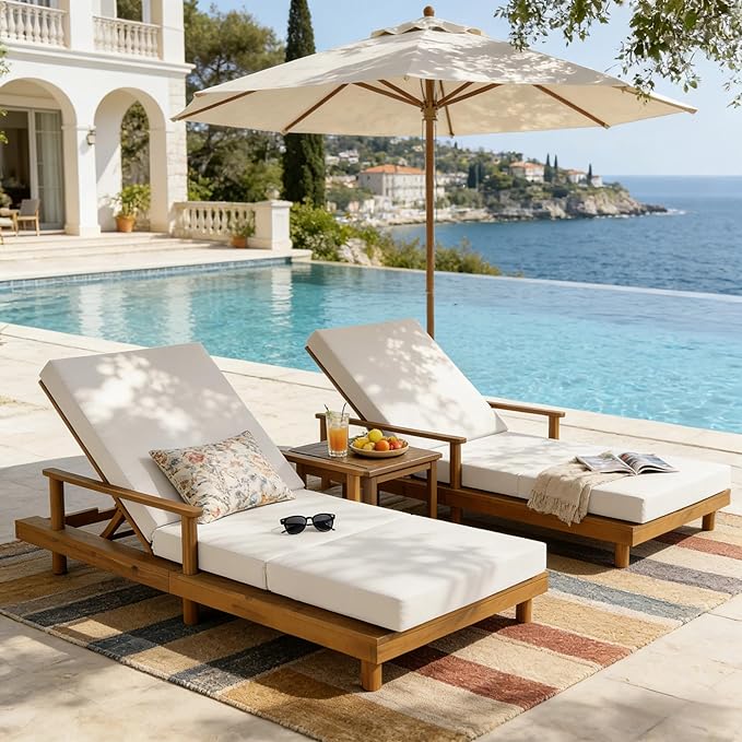 Merax Acacia Wood Outdoor Chaise Lounge Chair Set of 2 - Photo 1