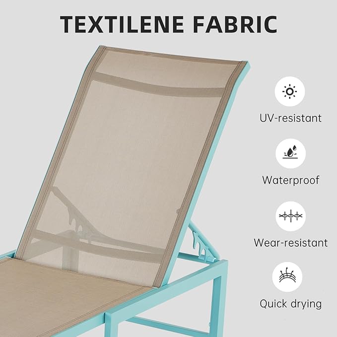 Lounge Chair Outdoor Set of 2, Foldable & Assembly Free Aluminum Chaise Lounge Chair with 5-Position Recliner, Pool Lounge Chairs for Outside Poolside Beach Lawn (Blue)