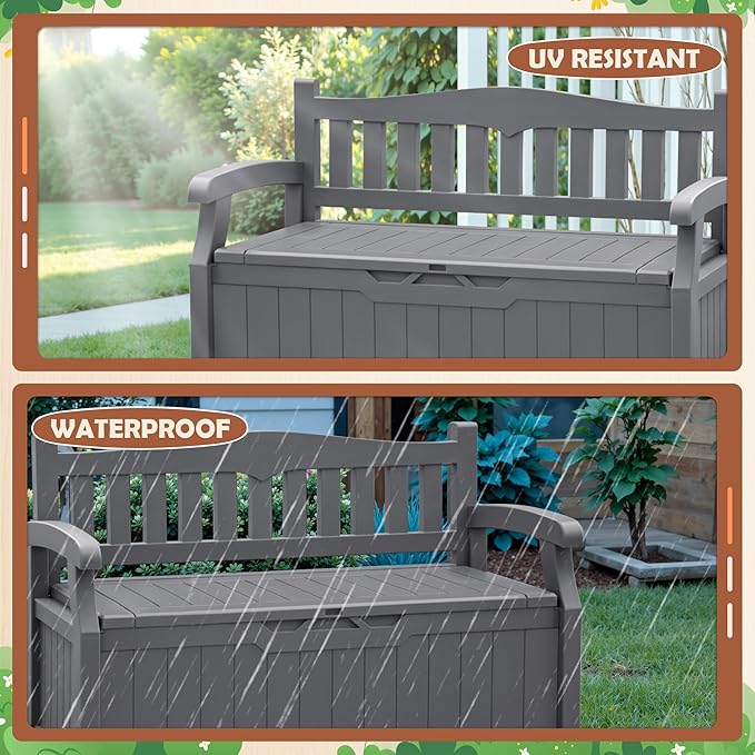 JUMMICO 80 Gallon Resin Outdoor Storage Bench, Large Deck Box with Armrest, Lockable&Waterproof for Garden, Home, Patio, Pools (Grey, 80 Gallon)