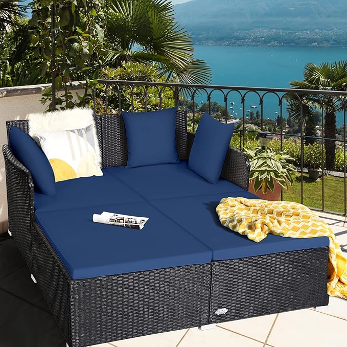 COSTWAY Outdoor Patio Rattan Daybed, Sponge Cushioned Loveseat Sofa with 4 Pillows, Wicker Furniture Sunbed for Balcony - Photo 2