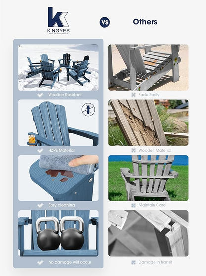 KINGYES Folding Adirondack Chair Set of 4, HDPE All-Weather Patio Chairs with Cup Holder, Wooden Textured Fire Pit Chairs for Poolside, Backyard, Deck, Navy