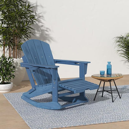 KINGYES Adirondack Rocking Chair Set of 4 with Retractable Ottoman and Cup Holders, HDPE Adirondack Rocker Patio Rocking Chair for Porch, Patio, Balcony, Deep Blue