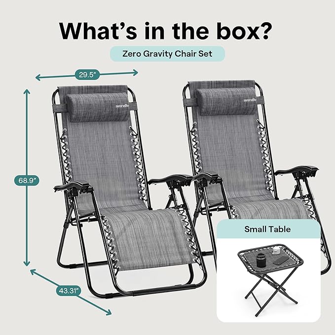 SereneLife Outdoor Zero Gravity Lounge Chair Set with Table – 2 Adjustable Recliners with Cup Holders, Headrest - Photo 2