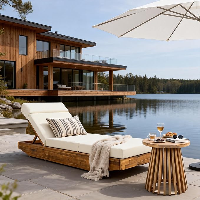 espidoo Acacia Wood Outdoor Chaise Lounge: 300lb Capacity & 3-Position Adjustable - Beige Water-Repellent Cushion & - Photo 4