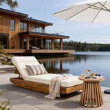 espidoo Acacia Wood Outdoor Chaise Lounge: 300lb Capacity & 3-Position Adjustable - Beige Water-Repellent Cushion & - Photo 4