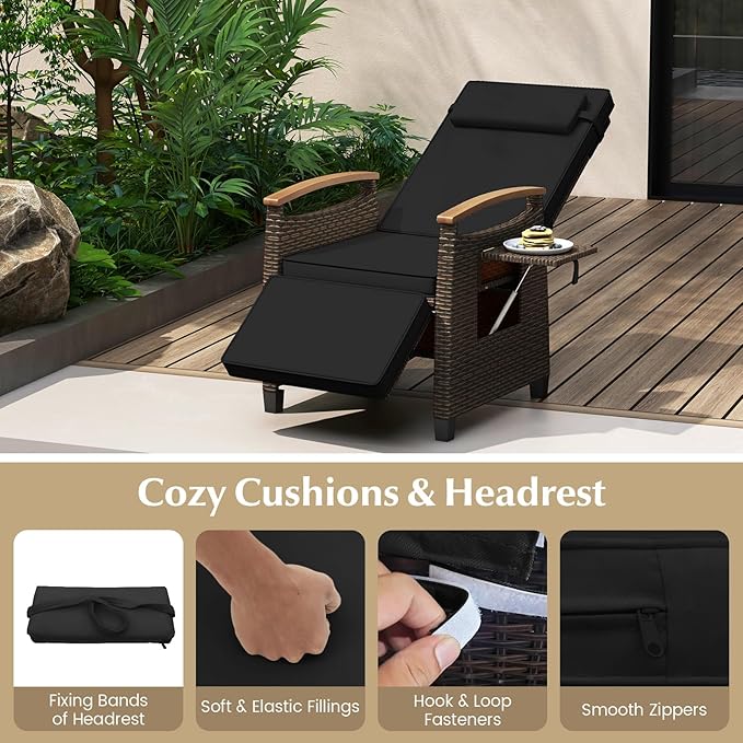 Tangkula Patio Wicker Recliner Chair, Rattan Lounge Chair w/Adjustable Backrest & Footrest, Flip Side Table, Push Back Reclining Seat w/Cushion for Backyard, Porch, Lawn (Black,1)