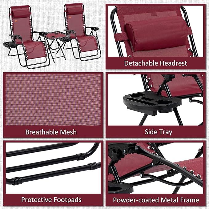 Outsunny Zero Gravity Chair Set with Side Table, Folding Reclining Chair with Cupholders & Pillows - Photo 6