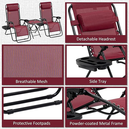 Outsunny Zero Gravity Chair Set with Side Table, Folding Reclining Chair with Cupholders & Pillows, Adjustable Lounge Chairs for Pool, Backyard, Lawn, Beach, Wine Red