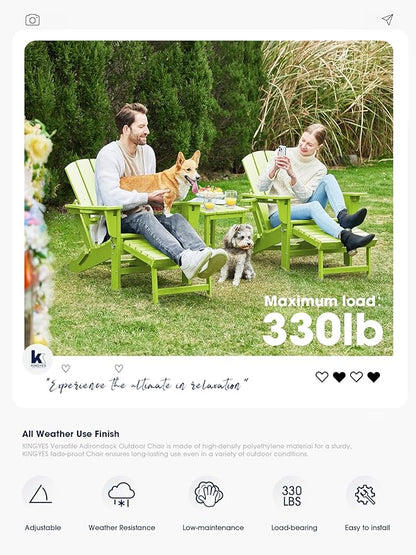 KINGYES Folding Adjustable Adirondack Chair with Ottoman & 2 Cup Holders Set of 2, HDPE Adirondack Recliner Chair with Footrest, Apple