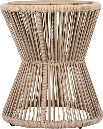 Merax Bohemian Round Outdoor Side Table with Acacia Wood Top and Beige Handwoven Rope Base, Elegant Hourglass Design Patio Coffee Table for Garden, Pool, Deck, Balcony, Yard, 18.9" Height, No Assembly