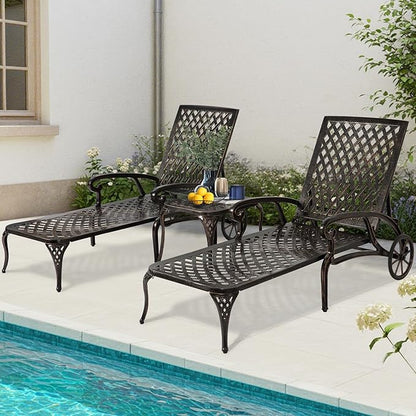HOMEFUN Chaise Lounge Chair Outdoor, Poolside Lounger Set of 2 and 1 End Table - Cast Aluminum Tanning Chairs with Adjustable Backrest and Moveable Wheels, Bronze