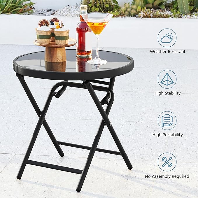 Yaheetech Outdoor Folding Side Table, Round Patio Folding End Table with Silk Tempered Glass Tabletop, Portable Small Garden Bistro Table for Garden Balcony Porch Deck, Black