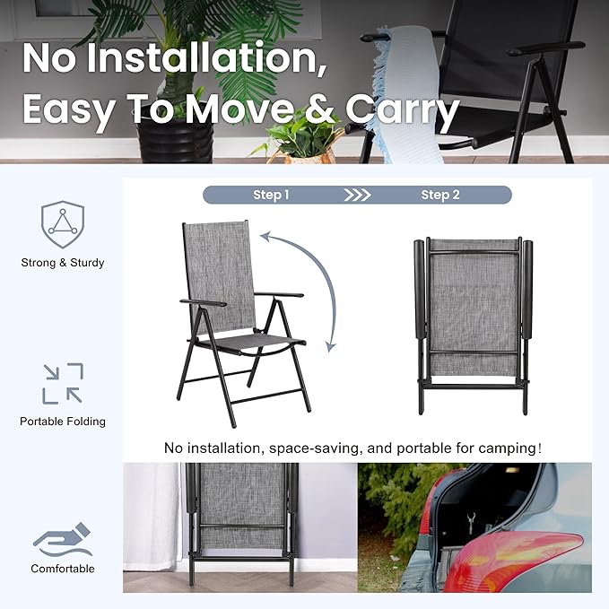 PHI VILLA Outdoor Patio Folding Chairs Set of 6, Portable Patio Dining Chairs with Adjustable Backrest for Outside - Photo 3
