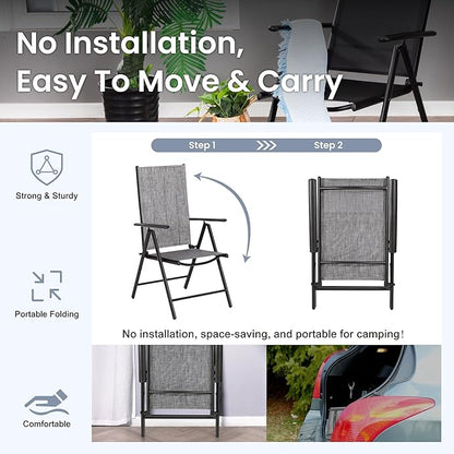 PHI VILLA Outdoor Patio Folding Chairs Set of 6, Portable Patio Dining Chairs with Adjustable Backrest for Outside, Garden, Lawn & Yard, No Assembly, Grey