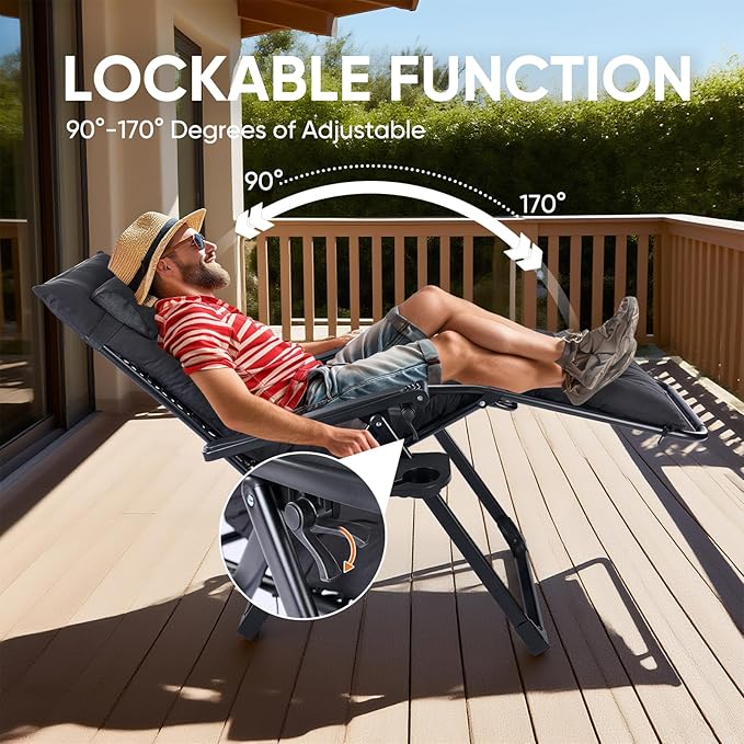 DUMOS Zero Gravity Chair, Reclining Camping Lounge Chair for Outdoor, Reclining Patio Chairs with Cup Holder Trays and Removable Cushion, Folding Recliner for Indoor, Black