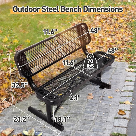 4FT/48INCH Heavy Duty Metal Park Bench for Outside, Outdoor Garden Benches with Backrest & Portable Frame, Expanded Metal Mesh Bench for Shopping Malls, Lawn, Park, Deck, Patio, Porch, Black