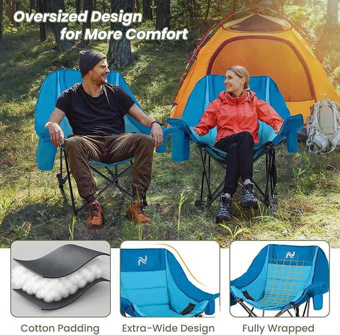 ABORON Oversized Rocking Camping Chair for Adults, Fully Padded Folding Outdoor Lawn Chair with Cooler Bag & Side Pocket, Portable Recliner Chair for Camp, Patio, Backyard, Supports 400 lbs